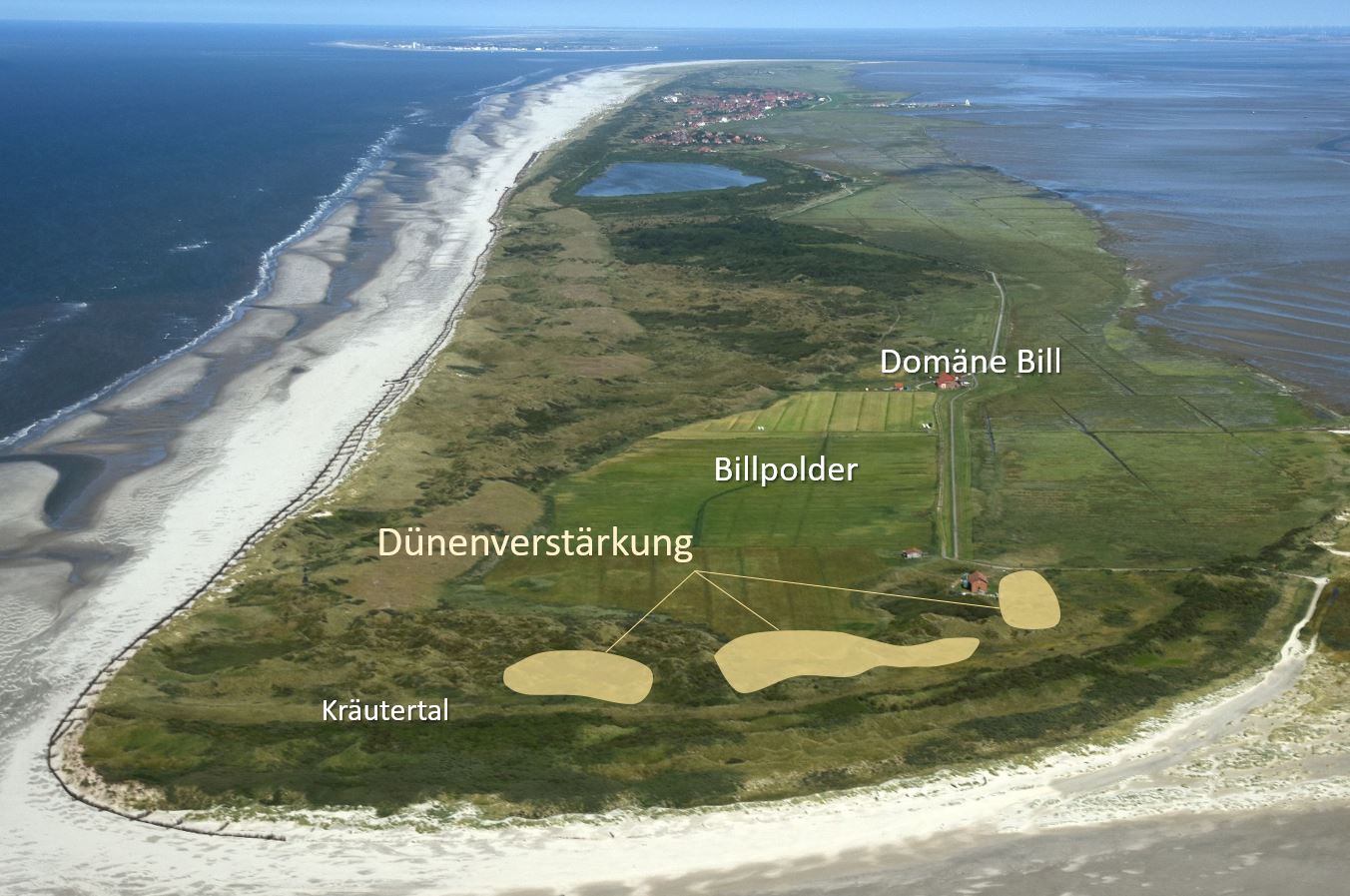Auf Juist wird in den kommenden Wochen im Sinne des Prinzips building with nature Sand eingebaut. Um die Sturmflutsicherheit für den Billpolder nachhaltig zu gewährleisten, soll dabei die Dünenkette westlich des Polders verstärkt werden.